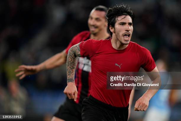 Sandro Tonali of AC Milan celebrate after scoring a goal during the Serie A match between SS Lazio and AC Milan at Stadio Olimpico on April 24, 2022...