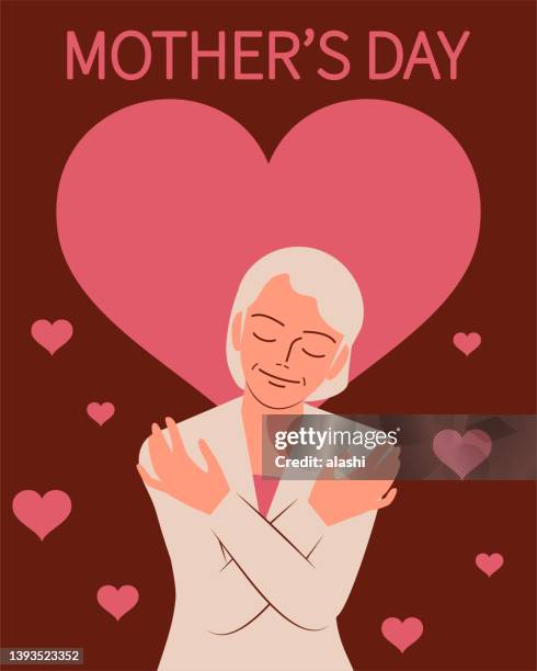 illustrazioni stock, clip art, cartoni animati e icone di tendenza di buona festa della mamma, una donna anziana con un sorriso e gli occhi chiusi che si abbracciano - older woman happy smile