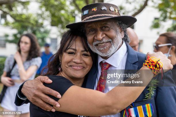 Cherene Silbery from Haka For Life poses for a photo with Pastor Ray Minniecon during the Coloured Digger March ceremony to honour Aboriginal and...