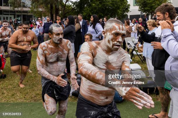 Members of the Glen Dancers and Maori Haka perform during the Coloured Digger March to honour Aboriginal and Torres Strait Islander servicemen and...