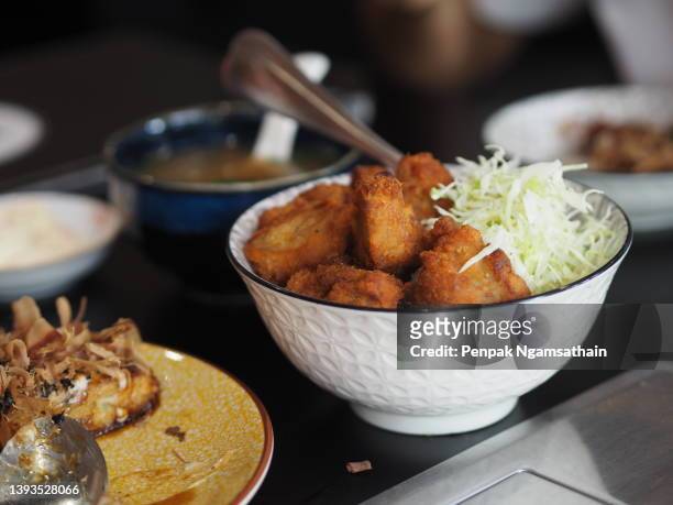 fried chicken over rice, tatsuta age karaage nido-age in bowl - tonkatsu stock pictures, royalty-free photos & images