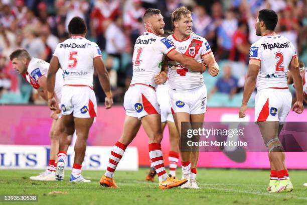 Tariq Sims and Jack De Belin of the Dragons celebrate victory during the round seven NRL match between the St George Illawarra Dragons and the Sydney...