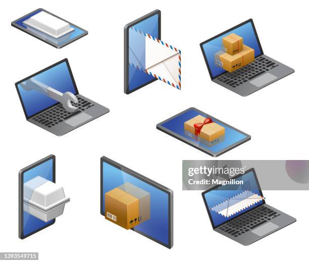 isometrische darstellung der online-servicebereitstellung - tablet 3d stock-grafiken, -clipart, -cartoons und -symbole