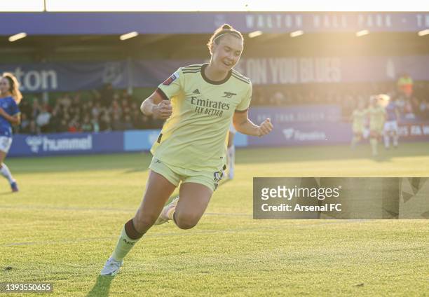 Caitlin Foord celebrates scoring Arsenal's 1st goal during the Barclays FA Women's Super League match between Everton Women and Arsenal Women at...