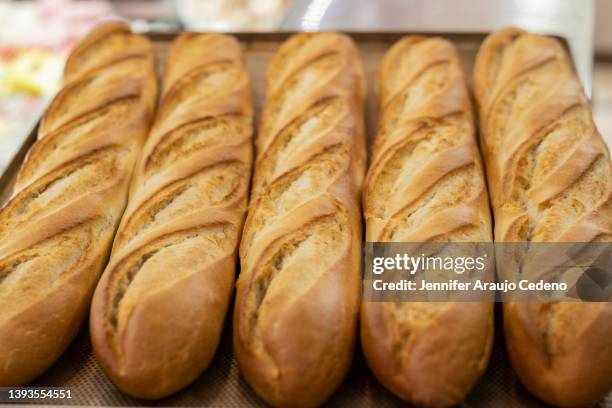 freshly baked bread on a tray ready to sell - ciabatta fotografías e imágenes de stock