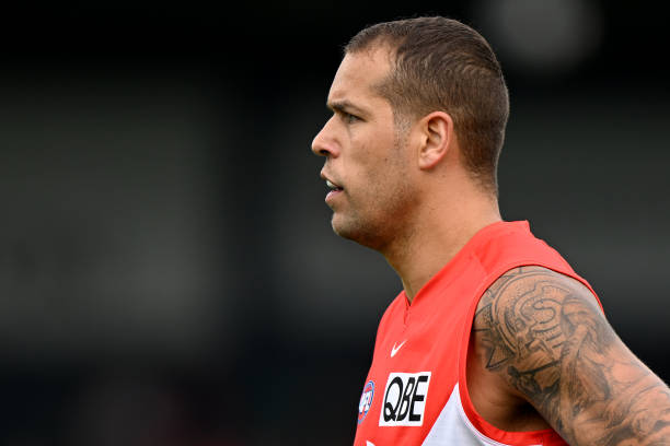 Lance Franklin of the Swans looks on during the round six AFL match between the Hawthorn Hawks and the Sydney Swans at UTAS Stadium on April 25, 2022...