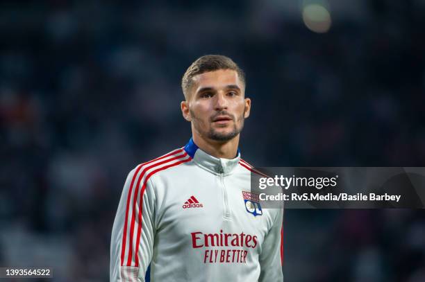 Houssem Aouar of Olympique Lyonnais looks on during warm-up before the UEFA Europa League Quarter Final Leg Two match between Olympique Lyonnais and...