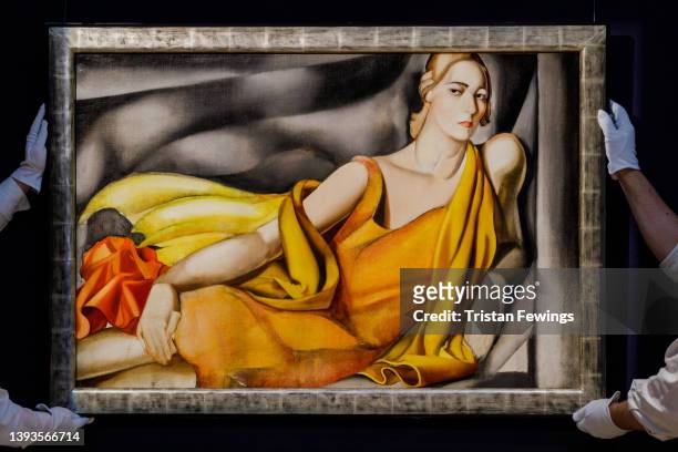 Tamara de Lempicka’s Femme à la robe jaune, 1929 goes on view at Sotheby's on April 25, 2022 in London, England. The work features in Modern Evening...