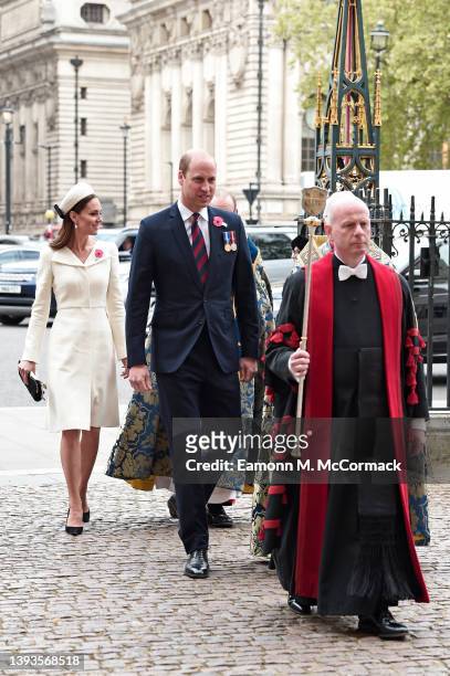 Catherine, Duchess of Cambridge and Prince William, Duke of Cambridge arrive for a Service Of Commemoration and Thanksgiving as part of the ANZAC day...
