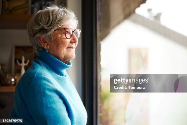 a senior woman at home is looking out of the window. - remembrance imagens e fotografias de stock