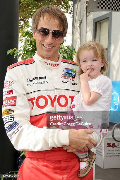 Tony Hawk and daughter Kadence Clover Hawk pose at race day for the 34th Annual Toyota Pro/Celebrity Race at the Long Beach Grand Prix on April 17,...
