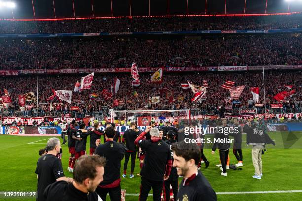 The players of FC Bayern Muenchen in front of the fans while celebrating the win of the 10th german championship in a row after the Bundesliga match...