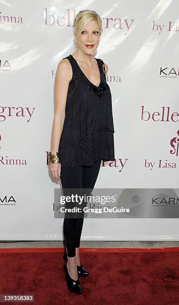 Tori Spelling arrives at the 7th Anniversary of Harry Hamlin and Lisa Rinna's boutique, "Belle Grey", February 12, 2010 in Sherman Oaks, California.