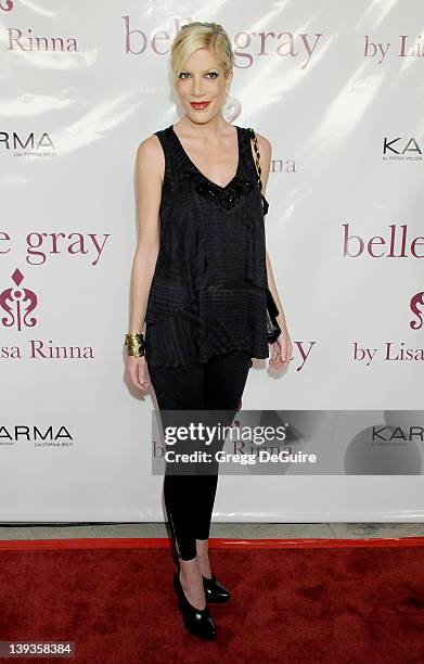 Tori Spelling arrives at the 7th Anniversary of Harry Hamlin and Lisa Rinna's boutique, "Belle Grey", February 12, 2010 in Sherman Oaks, California.