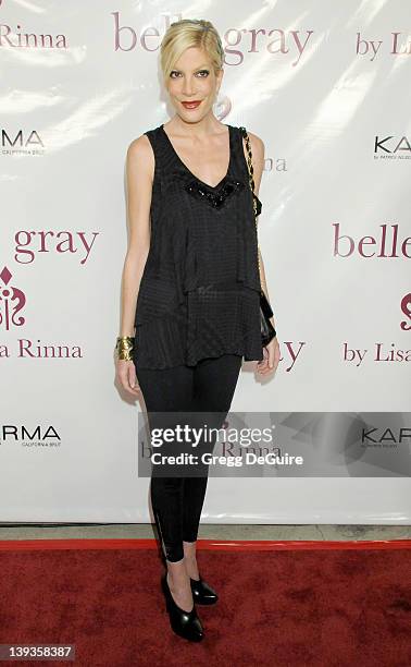 Tori Spelling arrives at the 7th Anniversary of Harry Hamlin and Lisa Rinna's boutique, "Belle Grey", February 12, 2010 in Sherman Oaks, California.