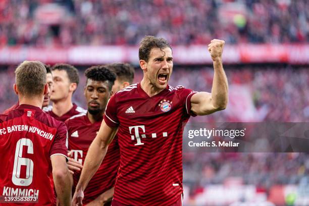 Leon Goretzka of FC Bayern Muenchen is celebrating after a goalduring the Bundesliga match between FC Bayern München and Borussia Dortmund at Allianz...