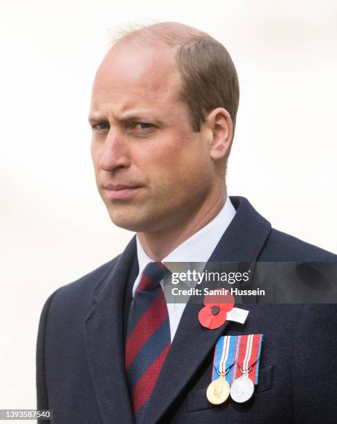 Prince William, Duke of Cambridge takes part in a wreath laying ceremony as part of the ANZAC day services at The Cenotaph on April 25, 2022 in...