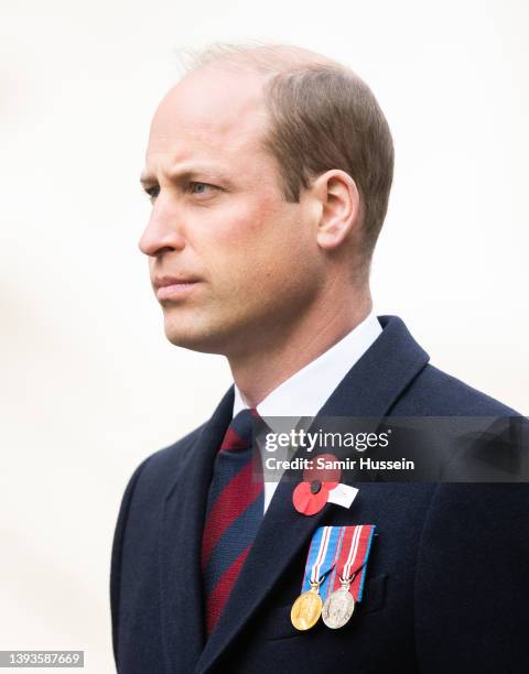 Prince William, Duke of Cambridge takes part in a wreath laying ceremony as part of the ANZAC day services at The Cenotaph on April 25, 2022 in...