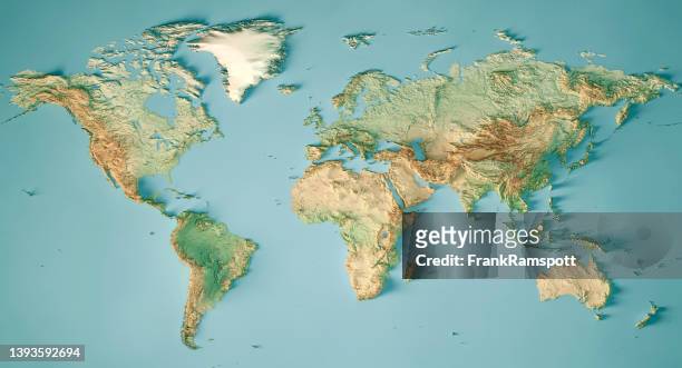 welt karte 3d-render topographische karte farbe - world map stock-fotos und bilder