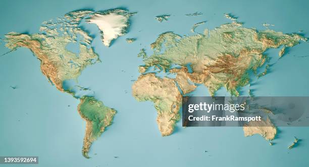 世界地図の 3 d 地形図色をレンダリングします。 - world map ストックフォトと画像