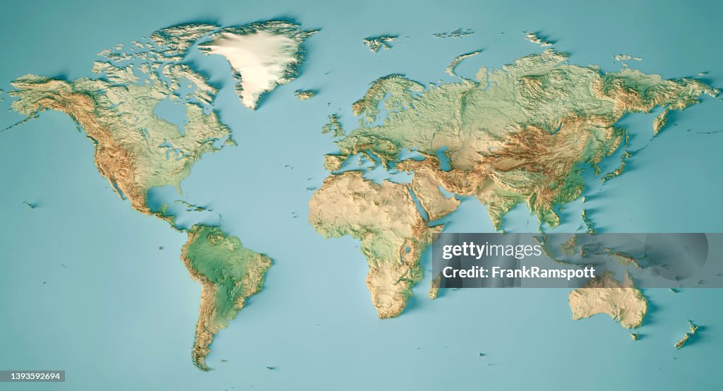 World Map 3D Render Topographic Map Color