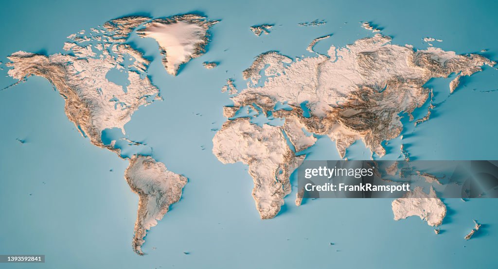 World Map 3D Render Topographic Map Neutral