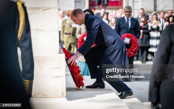 Prince William, Duke of Cambridge takes part in a wreath laying ceremony as part of the ANZAC day services at The Cenotaph on April 25, 2022 in...