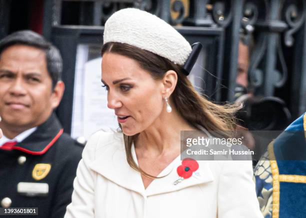 Catherine, Duchess of Cambridge attends the Service of Commemoration and Thanksgiving at Westminster Abbey, commemorating Anzac Day on April 25, 2022...