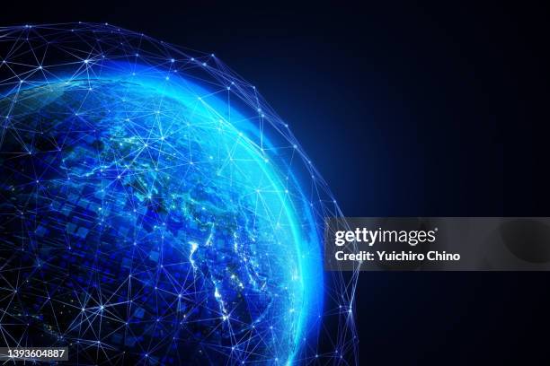 global network communication (world map credit to nasa) - blue planet stock pictures, royalty-free photos & images