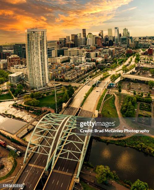 denver cityscape drone view - denver sunrise stock pictures, royalty-free photos & images