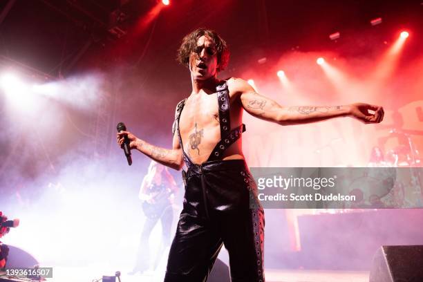 Singer Damiano David of Måneskin perform on the Mojave stage during the 2022 Coachella Valley Music And Arts Festival on April 24, 2022 in Indio,...