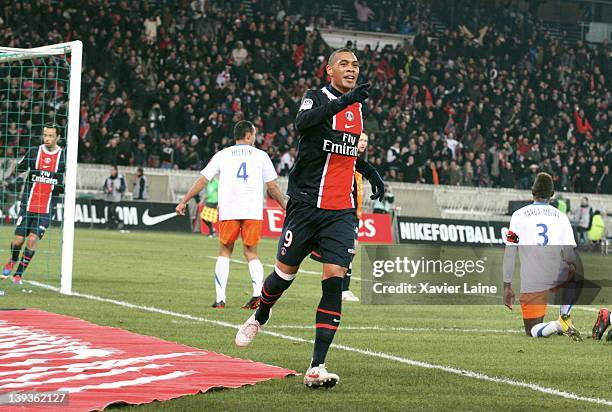 Guillaume Hoarau of Paris Saint Germain celebrates his goal during the French Ligue 1 between Paris Saint Germain and Montpellier Herault SC at Parc...