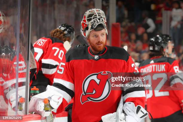 Andrew Hammond of the New Jersey Devils at the bench during the game against the Detroit Red Wings on April 24, 2022 at the Prudential Center in...