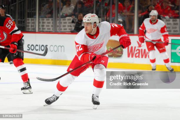 Mitchell Stephens of the Detroit Red Wings skates during the game against the New Jersey Devils on April 24, 2022 at the Prudential Center in Newark,...
