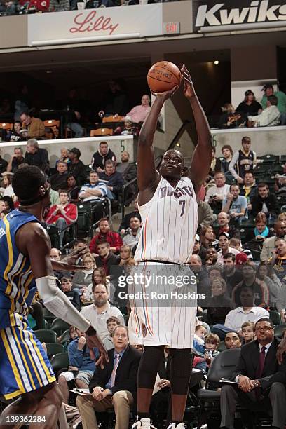 DeSagana Diop of the Charlotte Bobcats shoots against the Indiana Pacers on February 19, 2012 at Bankers Life Fieldhouse in Indianapolis, Indiana....