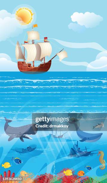 historische galeone und unterwasser - blue whale stock-grafiken, -clipart, -cartoons und -symbole