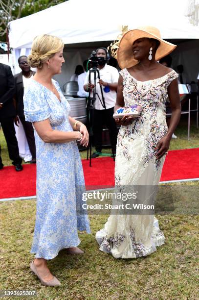 Sophie, Countess of Wessex meets local craftspeople, creatives and community groups in the garden at Government House on April 25, 2022 in St John's,...