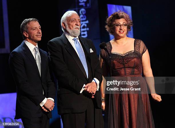 Writers David Kohan, Buz Kohan, and Jenji Kohan attend the 2012 Writers Guild Awards at the Hollywood Palladium on February 19, 2012 in Los Angeles,...