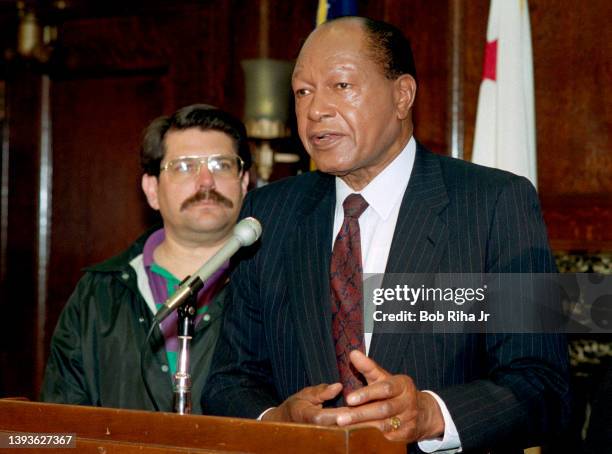 Los Angeles Mayor Tom Bradley makes a statement after a Federal Jury convicted LAPD Officers Stacey Koon and Lawrence Powell for violating Kings'...