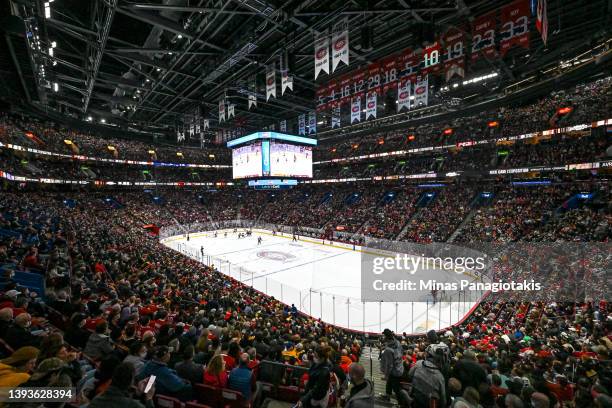 General view of the rink boards without advertising during the first period between the Montreal Canadiens and the Boston Bruins at Centre Bell on...