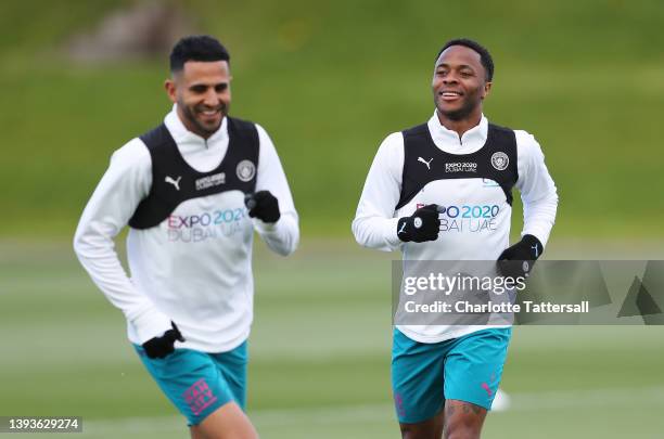 Raheem Sterling of Manchester City trains during the Manchester City Training Session at Manchester City Football Academy on April 25, 2022 in...