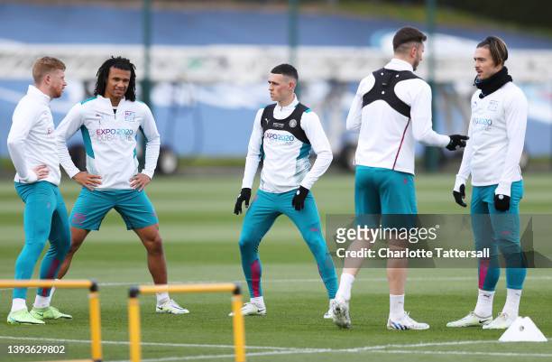 Phil Foden of Manchester City trains during the Manchester City Training Session at Manchester City Football Academy on April 25, 2022 in Manchester,...