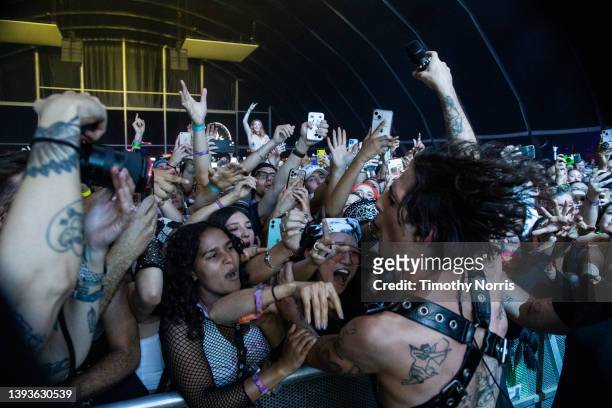 Damiano David of Måneskin performs on the Mojave stage during the 2022 Coachella Valley Music And Arts Festival on April 24, 2022 in Indio,...