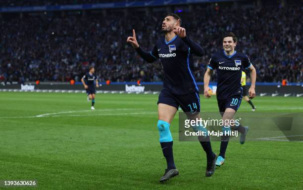 Ishak Belfodil of Hertha Berlin celebrates scoring their side's second goal with teammate Jurgen Ekkelenkamp during the Bundesliga match between...