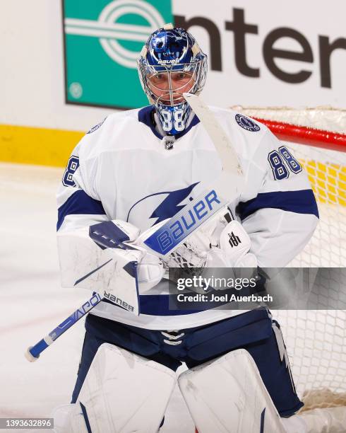 Goaltender Andrei Vasilevskiy of the Tampa Bay Lightning looks up ice during second period actin against the Florida Panthers at the FLA Live Arena...