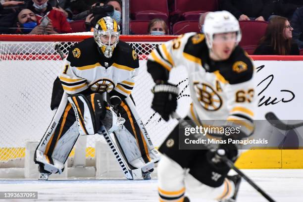 Jeremy Swayman of the Boston Bruins tends net against the Montreal Canadiens during the third period at Centre Bell on April 24, 2022 in Montreal,...