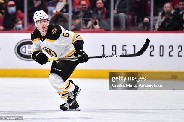 Mike Reilly of the Boston Bruins skates against the Montreal Canadiens during the third period at Centre Bell on April 24, 2022 in Montreal, Canada....