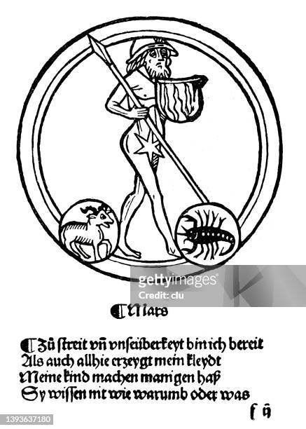 planet mars in einem deutschen kalender von 1495 - vintage logo stock-grafiken, -clipart, -cartoons und -symbole