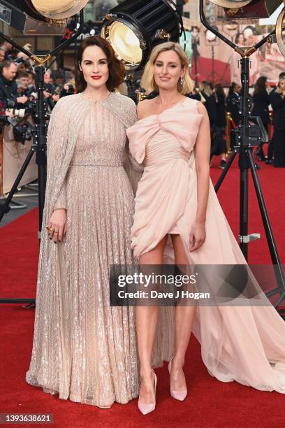 Michelle Dockery and Laura Carmichael attend the World Premiere of "Downton Abbey: A New Era" at Cineworld Leicester Square on April 25, 2022 in...