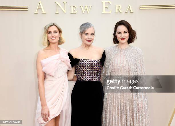 Laura Carmichael, Elizabeth McGovern and Michelle Dockery attend the world premiere of "Downton Abbey: A New Era" at Cineworld Leicester Square on...